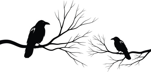 Naklejka premium Bird silhouette illustration, perched crows on branches, black and white nature art, stark contrast wildlife design, symbolic artistic composition