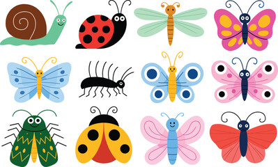 Cartoon insects illustration, cute butterflies, ladybugs, dragonfly, centipede, snail characters, whimsical kids design, colorful educational wildlife art scene