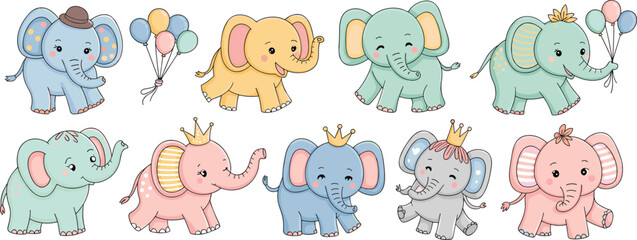 Naklejka premium Cute cartoon elephants collection, pastel animals illustration, playful baby elephants with balloons, crowns, bows, hats, party decoration design