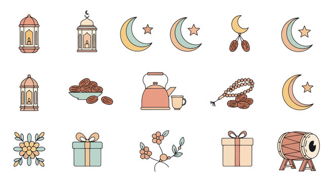 Ramadan Kareem Icons: Moon, Lantern, Dates, Gifts, Drum, Tea Set, Flowers