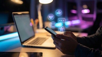 Person using a smartphone beside a laptop on a desk, with glowing social media icons hovering above, highlighting digital marketing, mobile engagement, and online communication