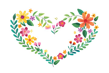 The shape of a heart drawn with a multitude of leaves and colorful flowers on a white background - Valentine's Day - Lovers' Day - Spring is coming .vector icon