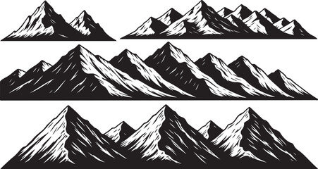 Fototapeta premium Collection of Stylized Mountain Range Silhouettes in Black and White mountains peak