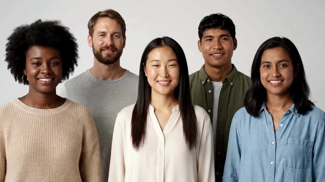 A diverse group of five people smiling and looking at the camera against a white background
