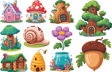 Whimsical fantasy houses illustration, cartoon mushroom home, tree trunk house, gingerbread cottage, snail shell dwelling, playful kids design art © Creative Art