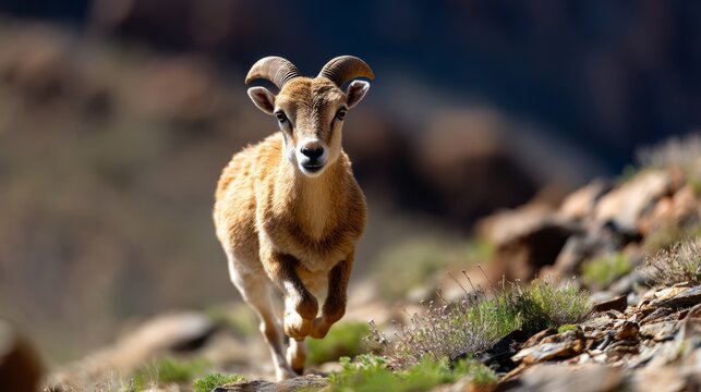 Agile Argali Sheep Running Across Rugged Mountain Landscape in Tibet