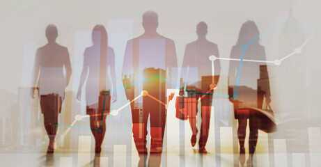 Financial growth and stock market analysis with businesspeople silhouettes, trading charts