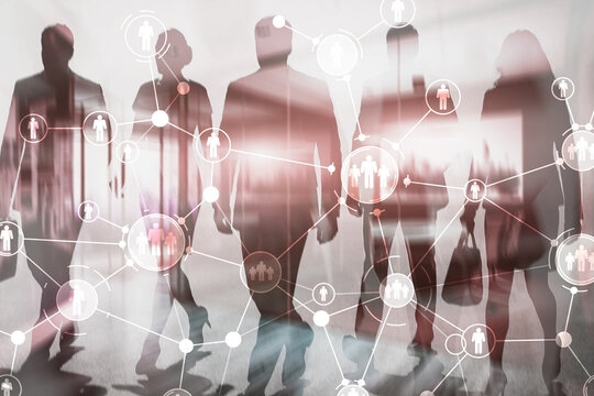 Social media communication concept with connected people icons and network lines on abstract background