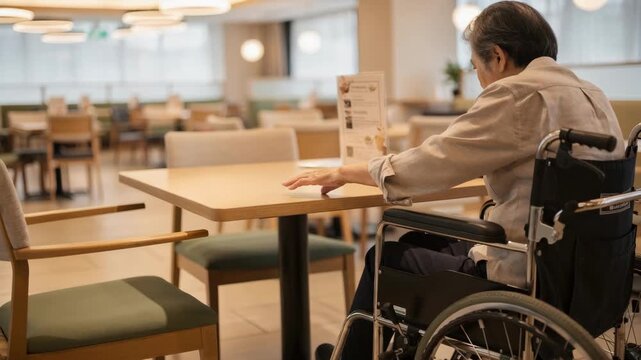 Medium shot of a lowheight table in an indoor hall with a wheelchair user reaching for a menu blurred background showing wide aisles and accessible seating.