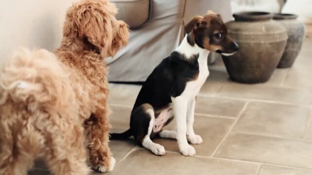 Two Different Breed Dogs Watching Attentively on Tile Floor in Contemporary Home Interior