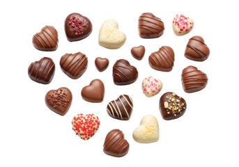 Assorted chocolates arranged in a heart shape on a white background. isolated on transparent background