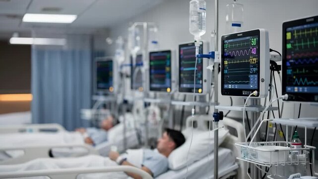 Stepdown PACU area captured in medium shot focusing on an array of medical monitors and alarm lights with outoffocus beds accentuating the critical monitoring process.