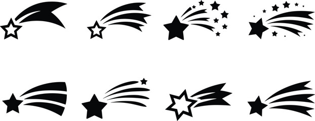 Shooting star silhouette icon set with comet trails, magical cosmic symbols illustration isolated white background celestial design collection © MdShafe