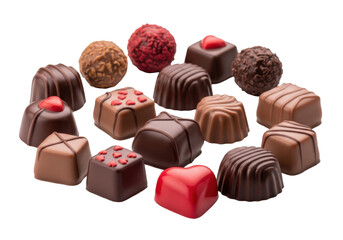 Assorted chocolates arranged on a white background with a blurred focus effect isolated on transparent background