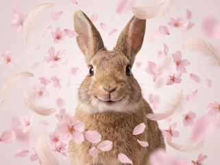Delikatne pi&oacute;rka i płatki wiśni wirujące wok&oacute;ł uśmiechniętego zająca. Tło wielkanocne