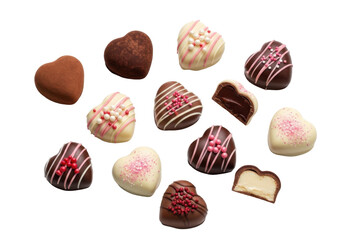 Assorted chocolates arranged with a slight shadow effect isolated on transparent background