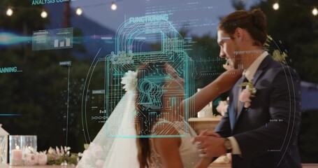 Dancing couple holding hands at garden reception in gown and suit with veil, holo padlock overlay © vectorfusionart