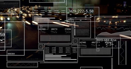 Fototapeta premium Showing semi-transparent panels overlaying city road at night, with data readouts and light trails