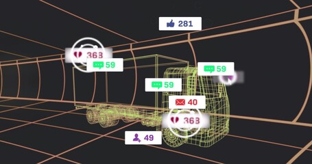 Fototapeta premium Glowing neon truck revealing trailer chassis in orange grid tunnel, displaying floating badges