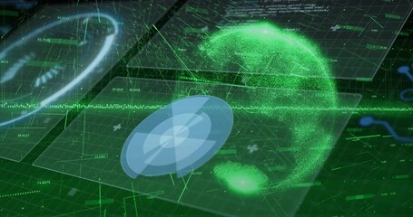 Floating green holographic globe rotating in virtual HUD, showing radar disc, scan line, data nodes