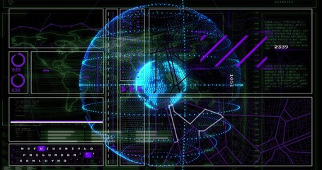 Projecting hologram globe rotating with cyan core, purple arc lines on HUD, with data panels