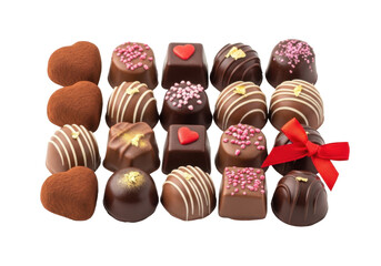 Assorted chocolates arranged neatly in a box with a red ribbon isolated on transparent background