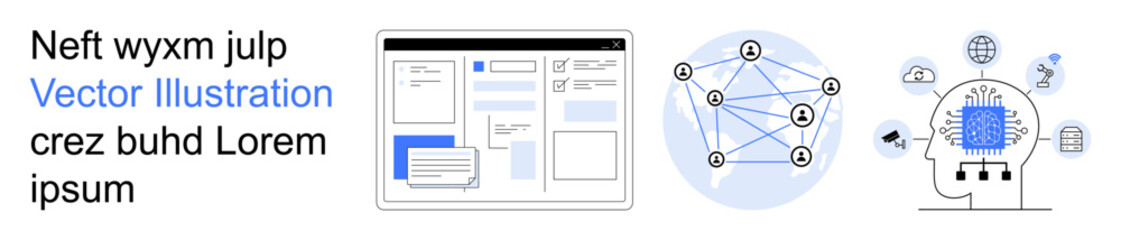 Digital transformation, AI processes, network connectivity, web design, data visualization, system integration. Diagram of a website layout, connected data nodes AI interface. Digital transformation
