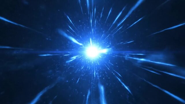 Bright blue explosion with radiating light beams in space.