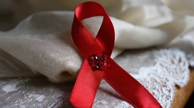 Red ribbon symbolizes support for HIV AIDS awareness on a soft fabric background with delicate lace detailing