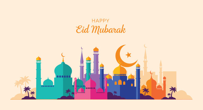 Eid al fitr - Selamat Hari Raya Idul Fitri Greeting Illustration In Flat Style Design, Flat illustration