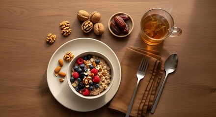 Fototapeta premium Healthy Breakfast Bowl with Oats, Berries, Nuts, and Dates, served with a warm cup of tea, offering a nutritious start to the day