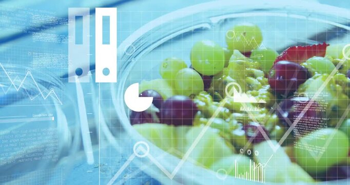 White HUD overlays appearing over clear bowl of fruit, graphs rising and visualizing data