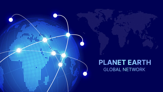 Global Network Connection Earth with World Map Points and Lines &ndash; Digital Technology, International Business, Data Communication Vector Illustration