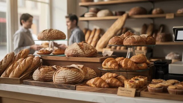 Medium shot of a bakerys pointofsale area featuring a variety of artisanal breads and pastries in crystal clear focus customers and staff in the background softly out of focus.