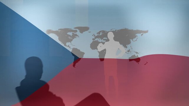 Flag starting wave, figures shifting, central silhouette pointing at map, showing global reach