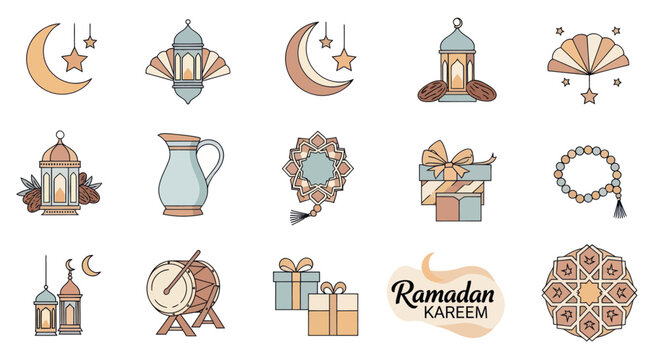 Ramadan Kareem Icons: Moon, Lanterns, Gifts, Drum, Prayer Beads, Jug, Fan