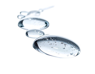 Water Droplets: Transparent, refractive water droplets in a row, demonstrating the purity and essentiality of water, captured in a macro shot.