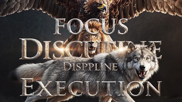 Epic lion eagle and wolf with motivational text.
