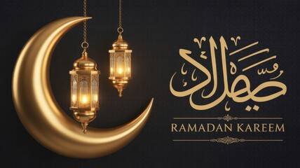 Gold Crescent Moon and Ramadan Kareem Calligraphy with Lit Lanterns on Dark Background