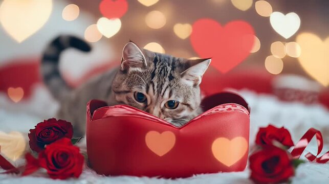 Charming tabby cat nestled in a red heart shaped box surrounded by soft lighting and bokeh heart shaped lights with red roses and a romantic setting