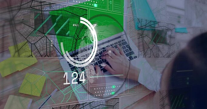 Woman typing at desk starting tech HUD with circular meter numbers peaking then dropping