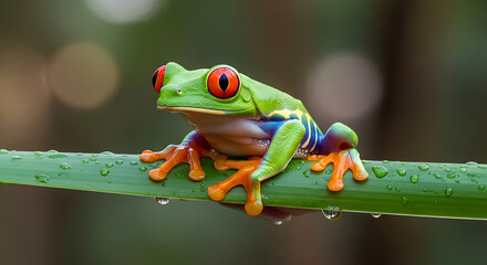Fototapeta premium Close-up of a vibrant red-eyed tree frog perched on a green stem with water droplets
