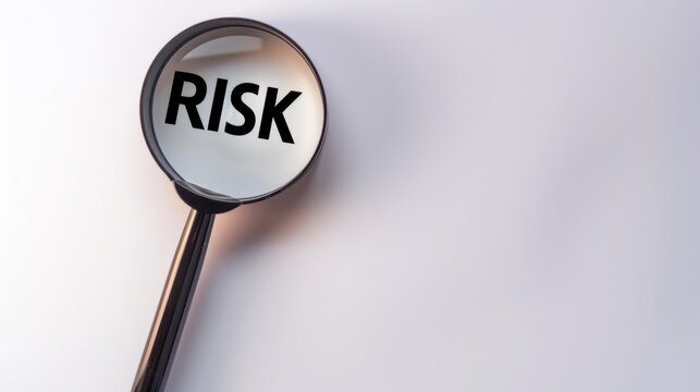 A magnifying glass focusing on the word 'RISK' printed on a white background. The scene emphasizes the concept of risk assessment and analysis.