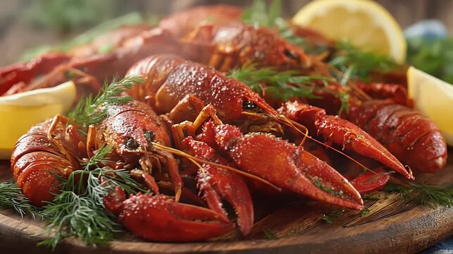 Close up of freshly cooked crawfish with lemon slices and dill served on a rustic wooden platter showing vibrant red color and delicious textures
