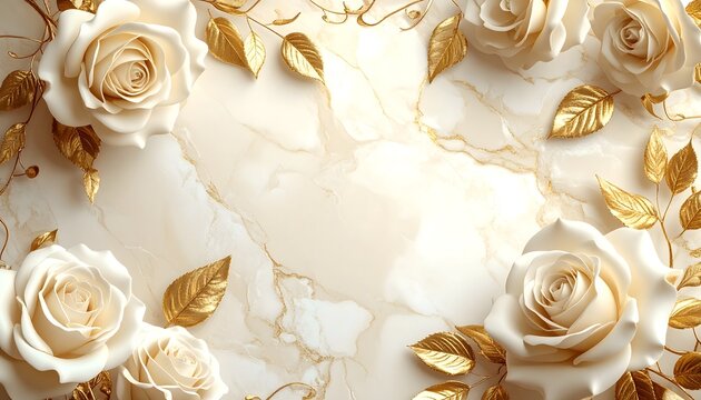 Illustration of elegant white roses and gold leaves on marble texture background with luxurious feel and soft warm lighting