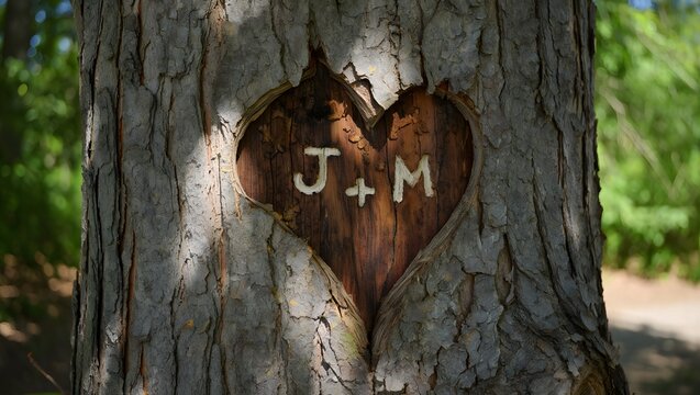 Carved heart on tree trunk with romantic initials J+M