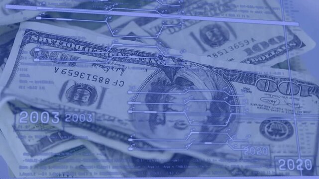 Stack of $100 bills showing circuit overlay sliding on fade-in, camera shifting, revealing years