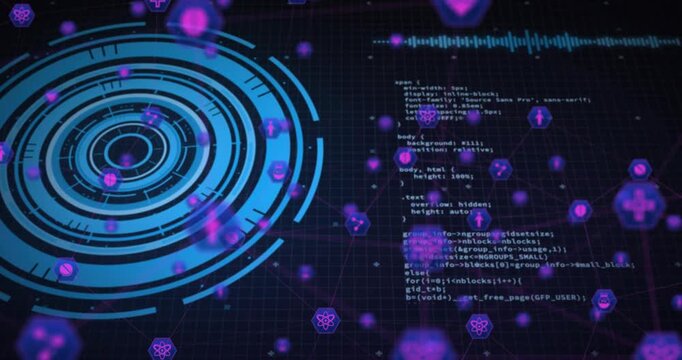 Magenta orbs rising drifting right initiating HUD rotating hex nodes linking code showing data flow