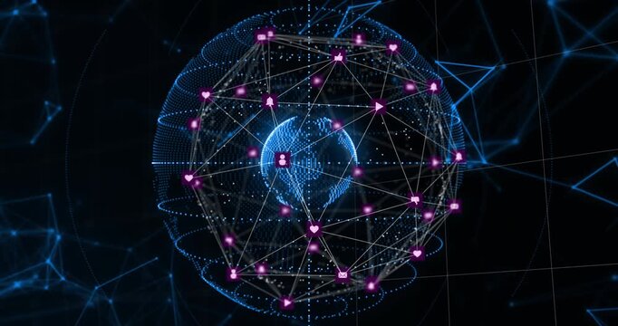 Digital spherical network receiving node signals, rotating and pulsing, visualizing global links