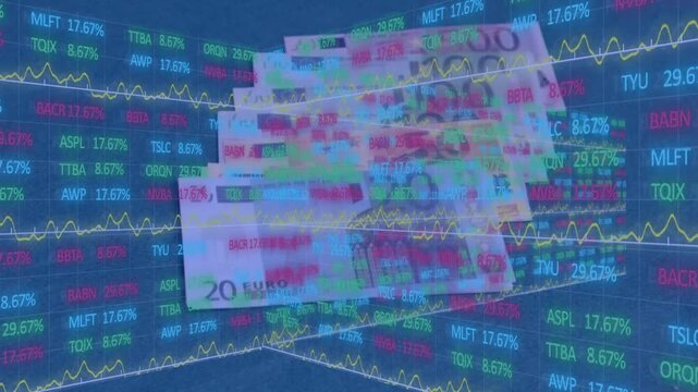 Faint note appearing, 20-euro notes duplicating, fanning, settling over tickers showing gain